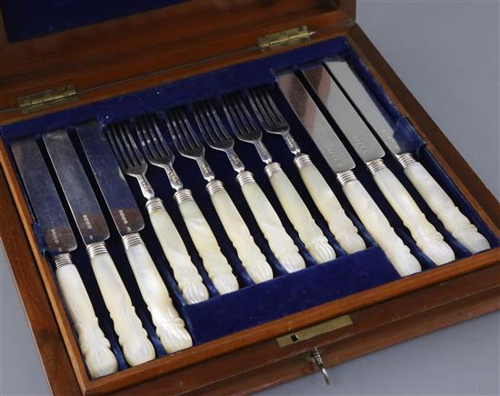 A Victorian cased set of twelve pairs of mother of pearl handled silver fruit eaters, by Francis Higgins II,